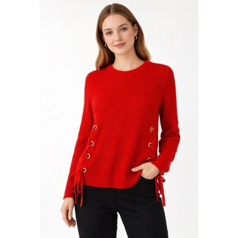 Michael Kors Red Ribbed Knit Lace Up Side Grommet Sweater Small